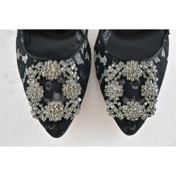 Manolo Blahnik Hangisila Hangisi 105 Black Lace Crystal Buckle Heel Pump 39.5 - Picture 8 of 12